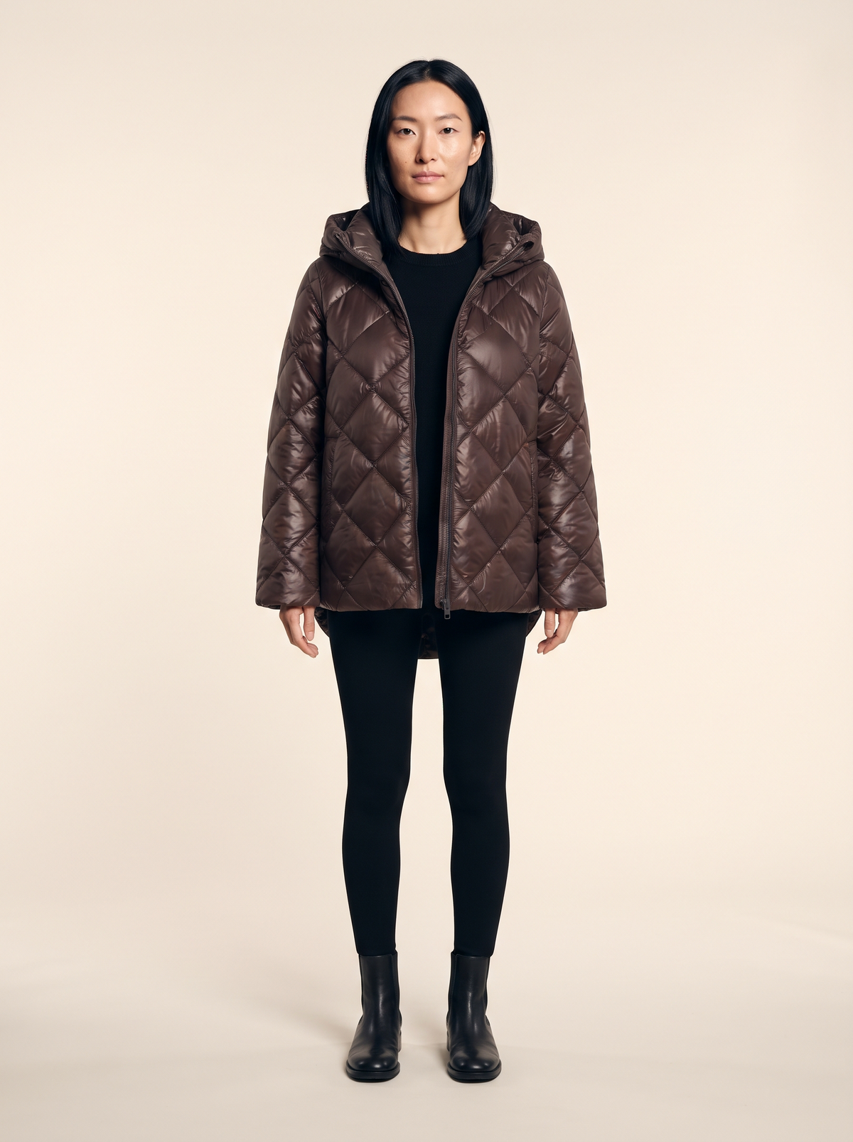 Oversized Quilted Puffer Jacket – Brown – on model