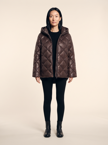 Oversized Quilted Puffer Jacket – Brown – on model