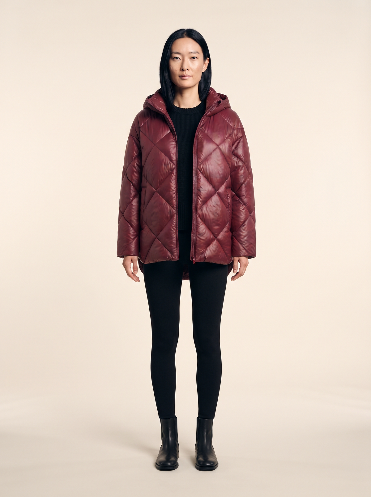 Oversized Quilted Puffer Jacket – Burgundy – on model