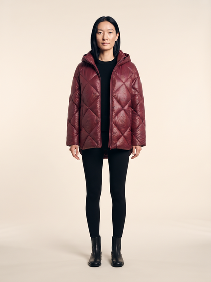 Oversized Quilted Puffer Jacket – Burgundy – on model