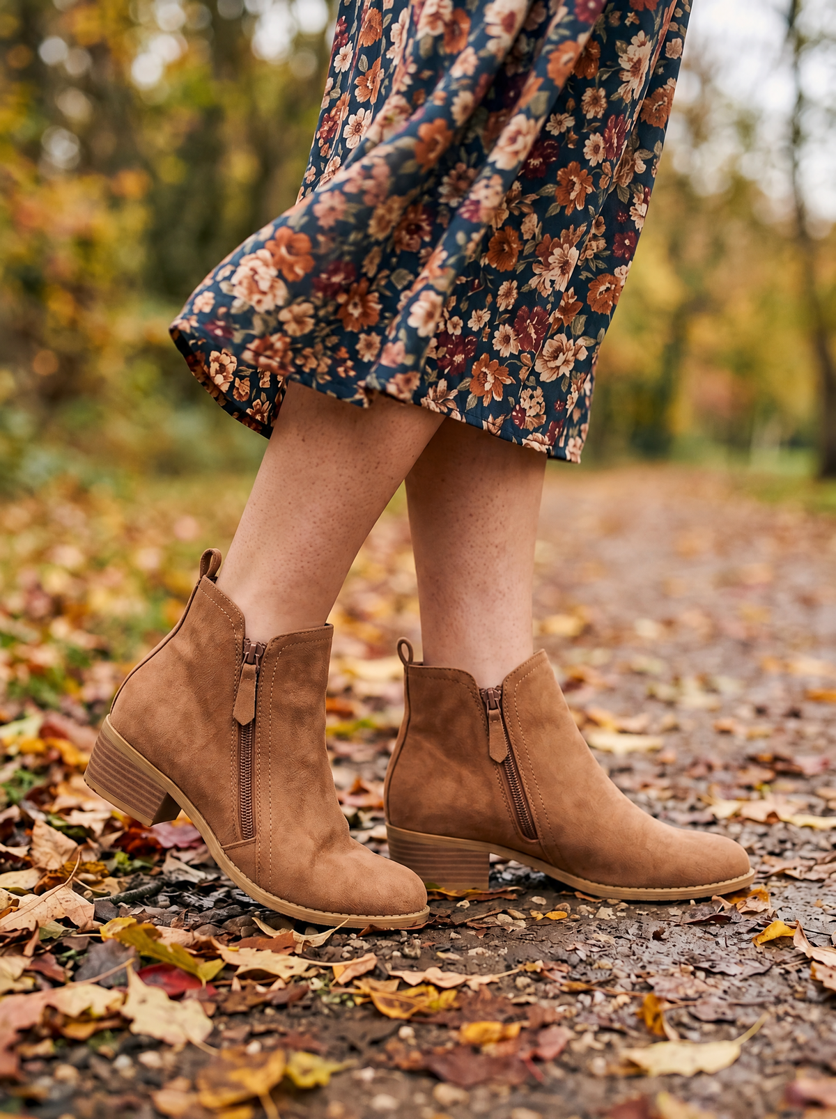 Suede-Effect Side-Zip Ankle Boots – Tan – on foot