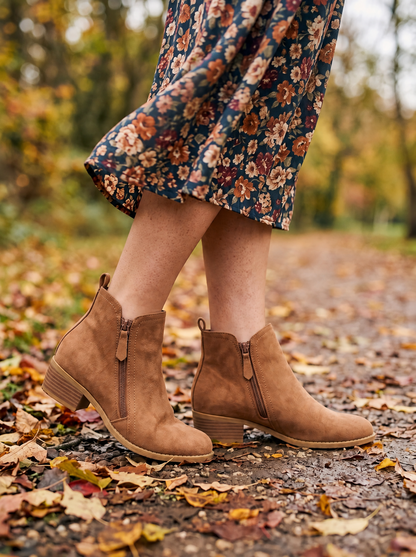 Suede-Effect Side-Zip Ankle Boots – Tan – on foot