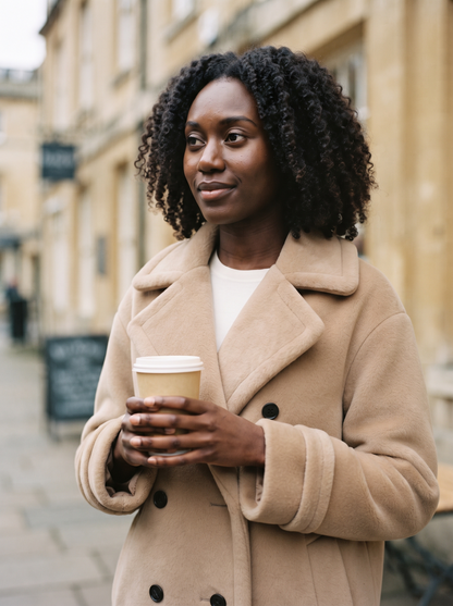 Teddy Lined Double-Breasted Coat – Khaki – café
