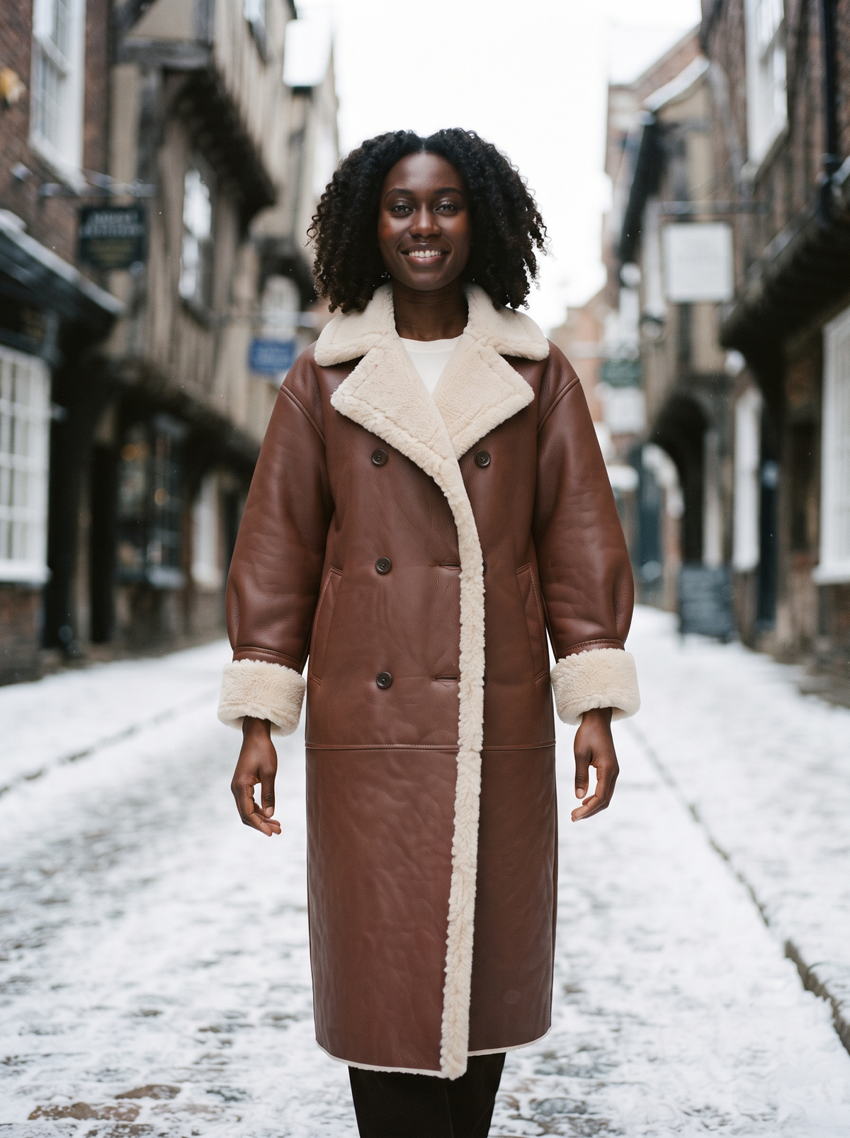 Teddy Lined Double-Breasted Coat – Brown – winter street
