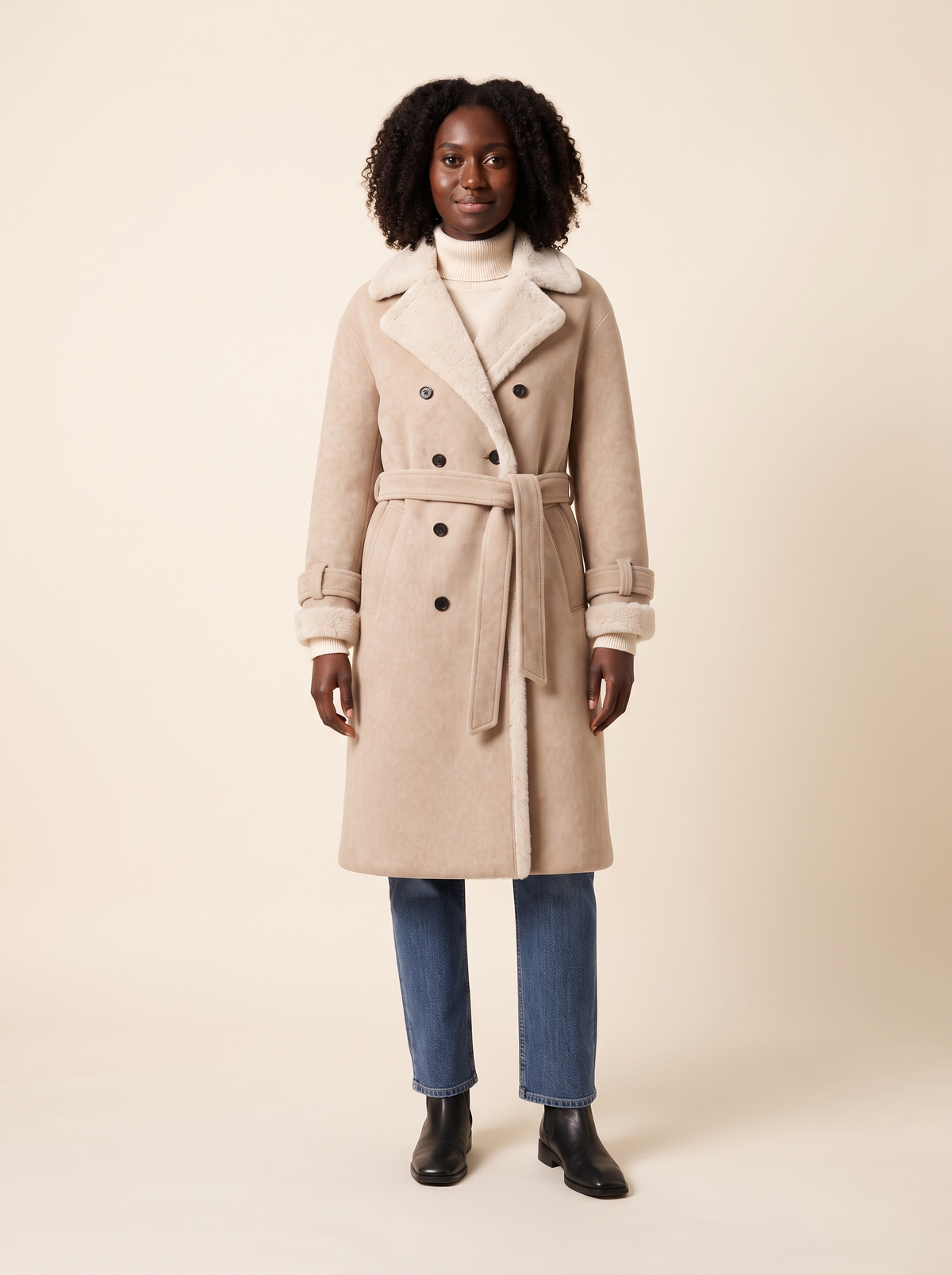 Teddy Lined Double-Breasted Coat – Apricot – on model