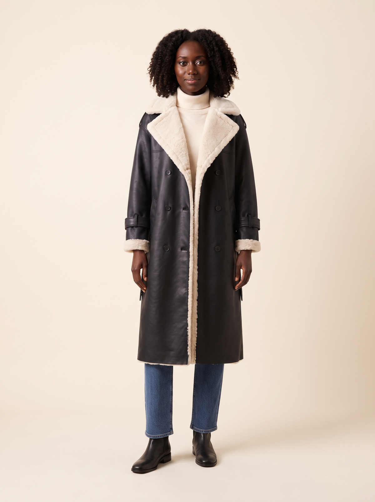 Teddy Lined Double-Breasted Coat – Black – on model