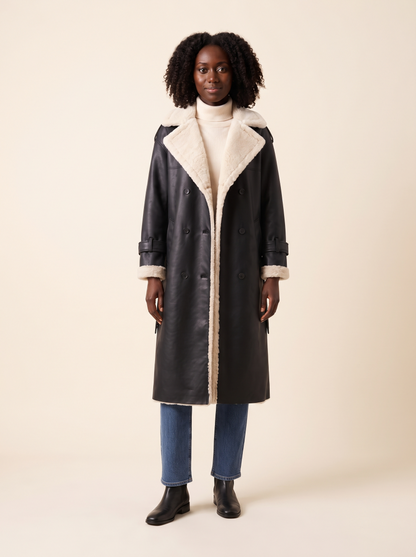 Teddy Lined Double-Breasted Coat – Black – on model