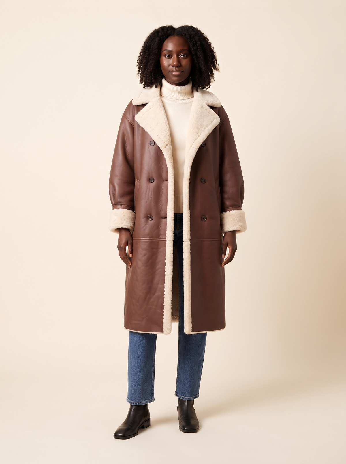 Teddy Lined Double-Breasted Coat – Brown – on model