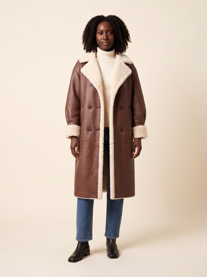 Teddy Lined Double-Breasted Coat – Brown – on model
