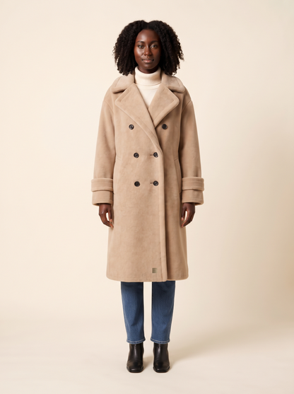 Teddy Lined Double-Breasted Coat – Khaki – on model