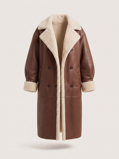 Teddy Lined Double-Breasted Coat – Brown – product view