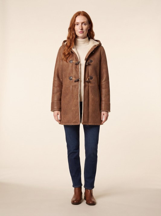 Hooded Toggle Duffle Coat – Tan Brown – on model