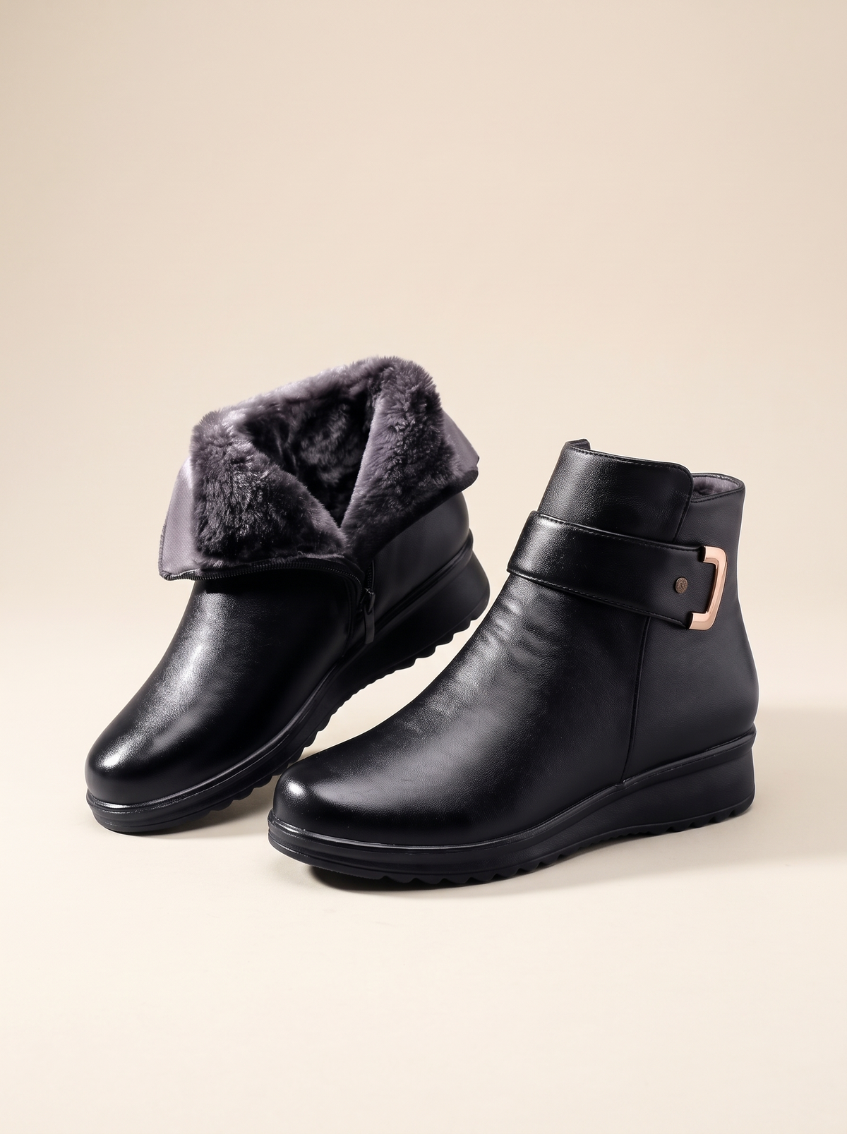 Leather-Look Wedge Ankle Boots – Black – product view